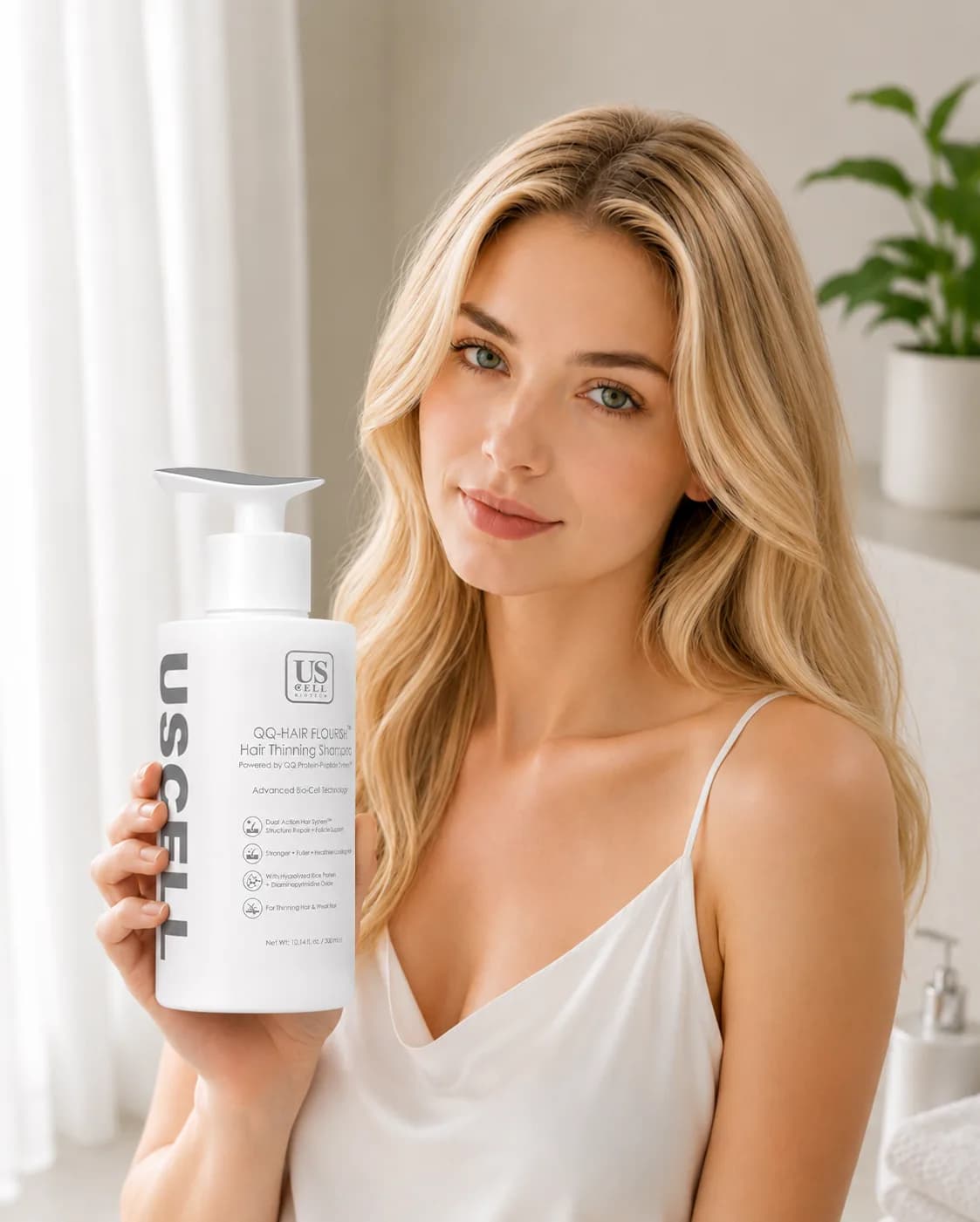 US CELL model with hair care product
